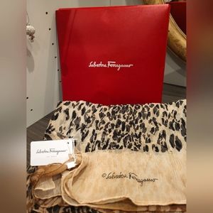 Salvatore Ferragamo Leopard Animal Print Silk Tan Scarf Brand New with Tag